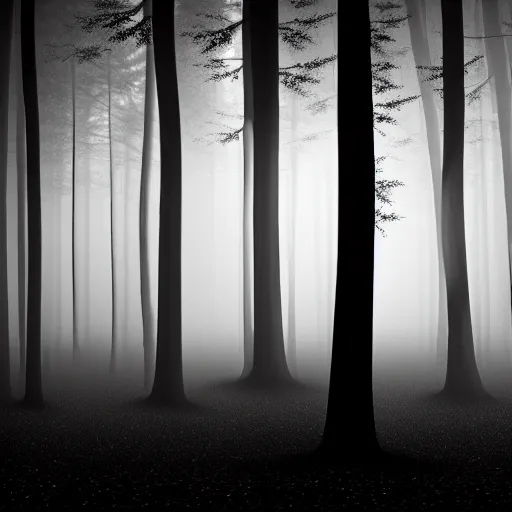 Image similar to hundreds of shadow people hidden in forest, staring with glowing white eyes, hyperrealistic, 8k, extremely detailed, black and white, foggy, grainy, very old