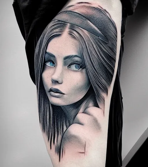 Image similar to tattoo design sketch of a beautiful blue - eyed woman face with a faded background of beautiful mountains and nature on her side, hyper - realistic, in the style of den yakovlev, amazing detail, black and white