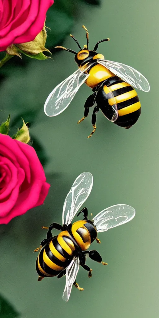 Prompt: platinum fat figure of a plastic bee sleeping inside a rose flower catalogue diagram scientific photography