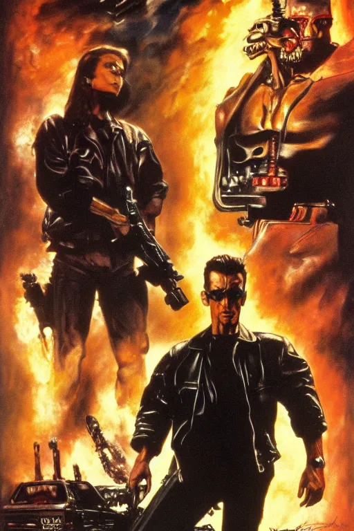 Prompt: Movie poster of Terminator 2, Highly Detailed, Dramatic, A master piece of storytelling, by frank frazetta, ilya repin, 8k, hd, high resolution print
