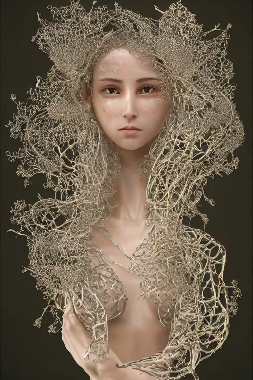 Image similar to a melancholic realistic 8k Sculpture of a complex robotic human face, liquid simulation, dramatic lighting, silver gold red details, hexagonal mesh wire, filigree intricate details, cinematic, fleshy musculature, white blossoms, elegant, octane render, 8k post-processing, intricate artwork by artgerm and alphonse mucha and ruan jia