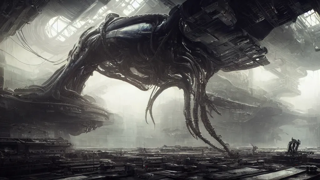 Prompt: a Photorealistic dramatic hyperrealistic,hyper detailed render by Greg Rutkowski,Craig Mullins,Nicolas Bouvier SPARTH, ILM of an Epic Sci-Fi, Gigantic Alien xenomorph spaceship inside huge interior hangar,intricate bio mechanical surface details,many tubes and cables hanging from the ceiling,Beautiful dynamic dramatic moody lighting,contrast and shadows,Volumetric,Cinematic Atmosphere,Octane Render,Artstation,8k