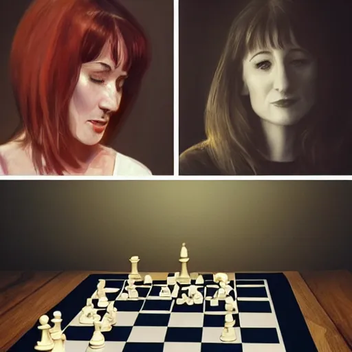Prompt: 3 0 - year - old actress megan mccarthy playing chess against 3 0 - year - old actress nana visitor at world chess championship 1 9 8 4, digital art by ruan jia and mandy jurgens and artgerm, highly detailed, trending on artstation, award winning