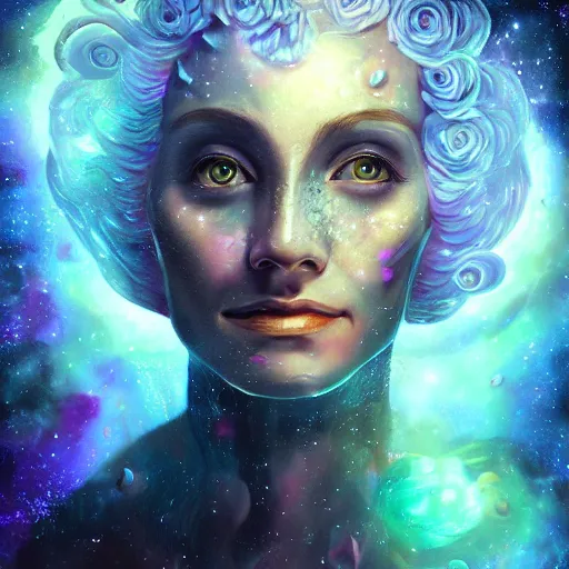 Image similar to Very very very very highly detailed mystic, enigmatic, strange portrait with galaxy, roses, shark's teeth by Mozart, intricate, extremely detailed, digital painting, artstation, concept art, smooth, sharp focus, illustration, intimidating lighting, incredible art,