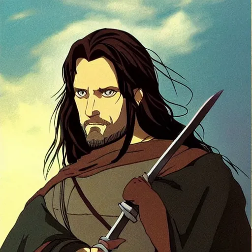 Prompt: aragorn from the anime lord of the rings (1986), looking serious, some beard, holding a sword, studio ghibli