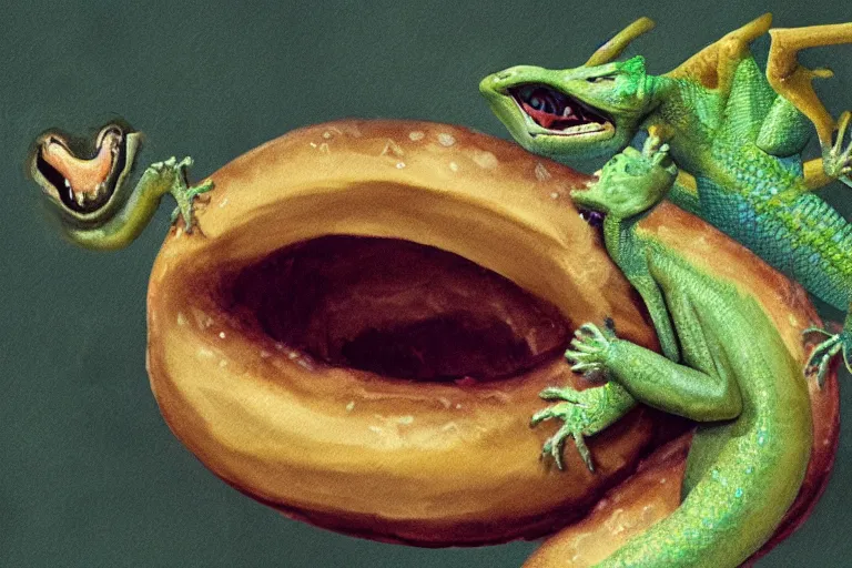 Prompt: lizard screaming into a donut, highly detailed digital art, soft lighting, spotlit