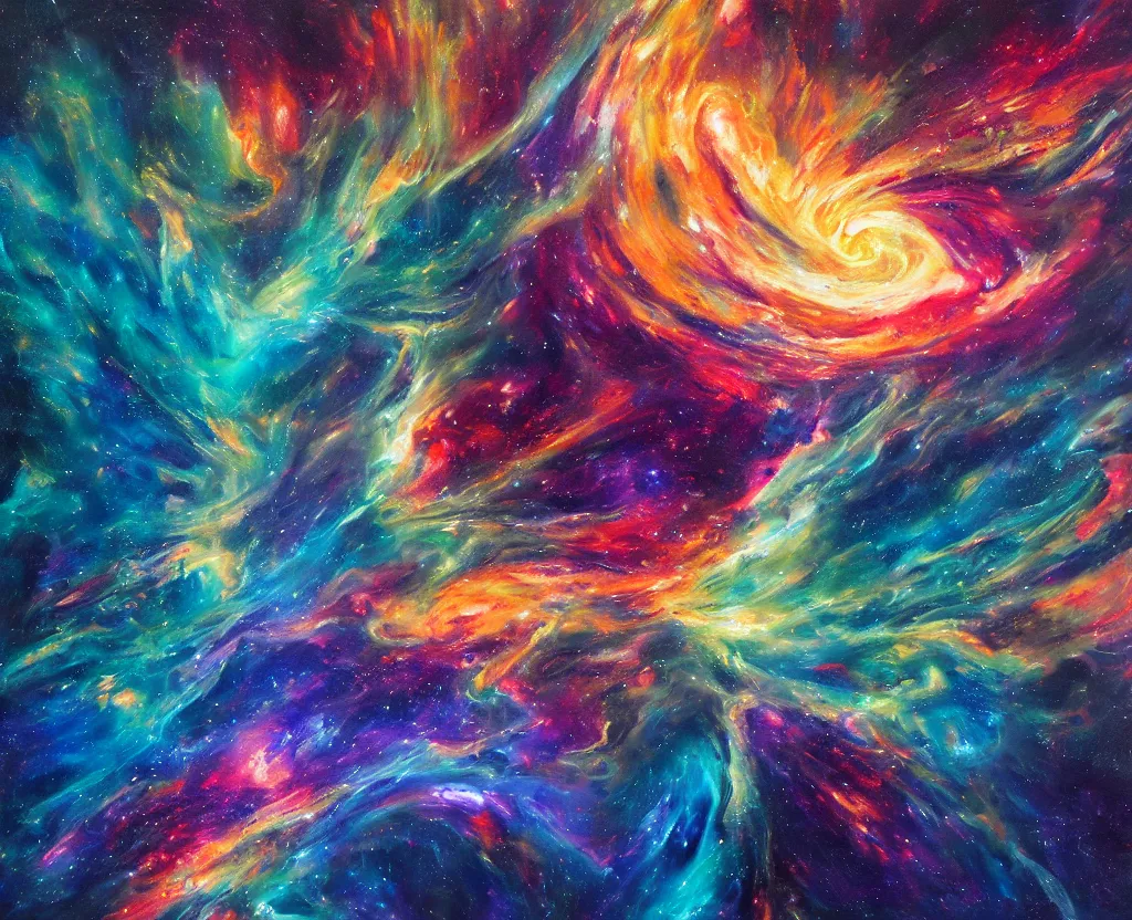 Prompt: an abstract oil painting of an unbelievably beautiful space nebula ; swirling sheets of light and fire ; hyper - detailed ; an extraordinary masterpiece!!! ; flawless ; trending on artstation