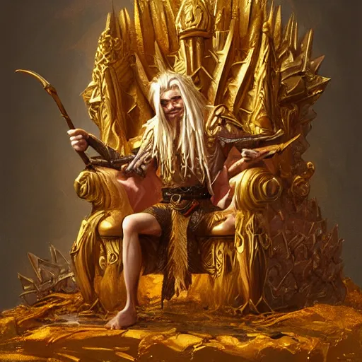 Prompt: a detailed portrait of a fare goblin king sitting on a golden throne, by justin gerard and greg rutkowski, digital art, realistic painting, dnd, character design, trending on artstation