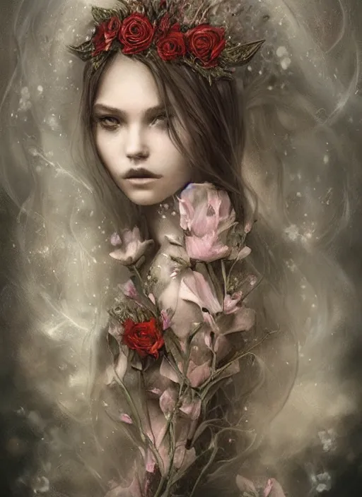 Image similar to a gorgeous flower princess portrait by Seb McKinnon and WLOP, artgerm , ultra realistic, mystical, ominous, cgsociety