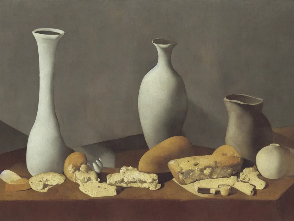 Prompt: Still life with moldy bread, fungus, white vase, ceramic pot. Painting by Zurbaran, Yves Tanguy, Morandi