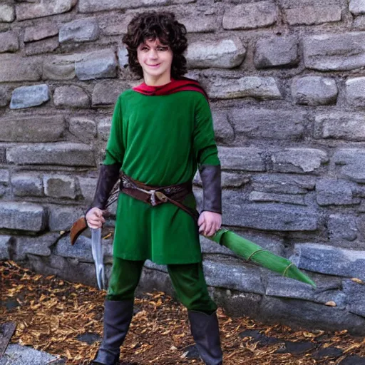 Image similar to DC's character Robin costume as Frodo, dslr photo