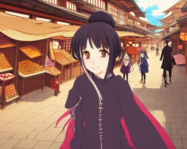 Prompt: anime visual, portrait of a young female traveler in an open medieval market shopping, cute face by katsura masakazu, yoh yoshinari, cinematic luts, cold studio lighting, dynamic pose, dynamic perspective, strong silhouette, anime cels, kyoto animation, cel shaded, rounded eyes