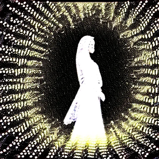 Prompt: vhs static overlay of angel apparition, surrounded by money falling like confetti, vhs, 1 9 9 0, highly realistic, highly detailed, vhs noise static, black and white, vhs glitch