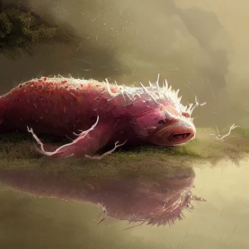 Image similar to shocked Axolotl hit by lightning from the sky in a small puddle, thunder, dramatic, dark, fantasy, digital art, hyperrealistic, Greg Rutkowski, Trending on Artstation, highly detailed