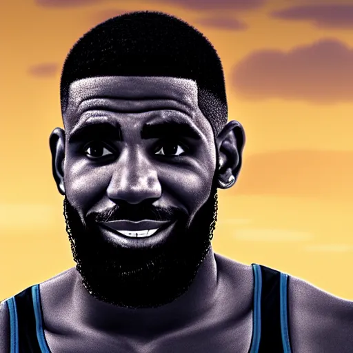 Image similar to beautiful serene intricate portrait of kyrie irving and lebron james taking a selfie, smiling softly, relaxing on the beach, golden hour, soft focus, 8 k, art by irakli nadar, hyperrealism, hyperdetailed, ultra realistic