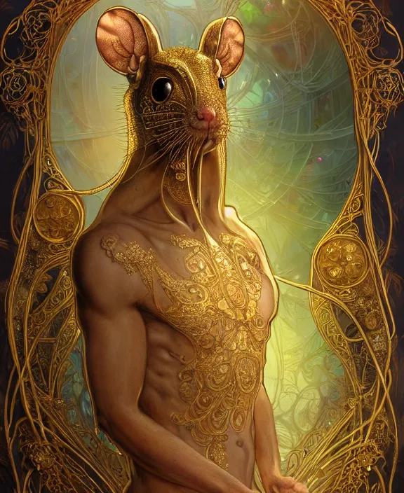 Image similar to intricate ornate opulent transparent clear see - through golden portrait of a beautiful male alien rat, mottled coloring, adorable, childlike, overgrown jungle environment, ultra realistic, concept art, art nouveau, photorealistic, octane render, 8 k, unreal engine. art by christopher marley and artgerm and greg rutkowski and alphonse mucha