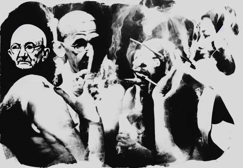 Image similar to Gandhi , Obama, Jesus, And Lady GaGa sharing a joint smoking in a circle, photograph: Andy Warhol, by Beeple