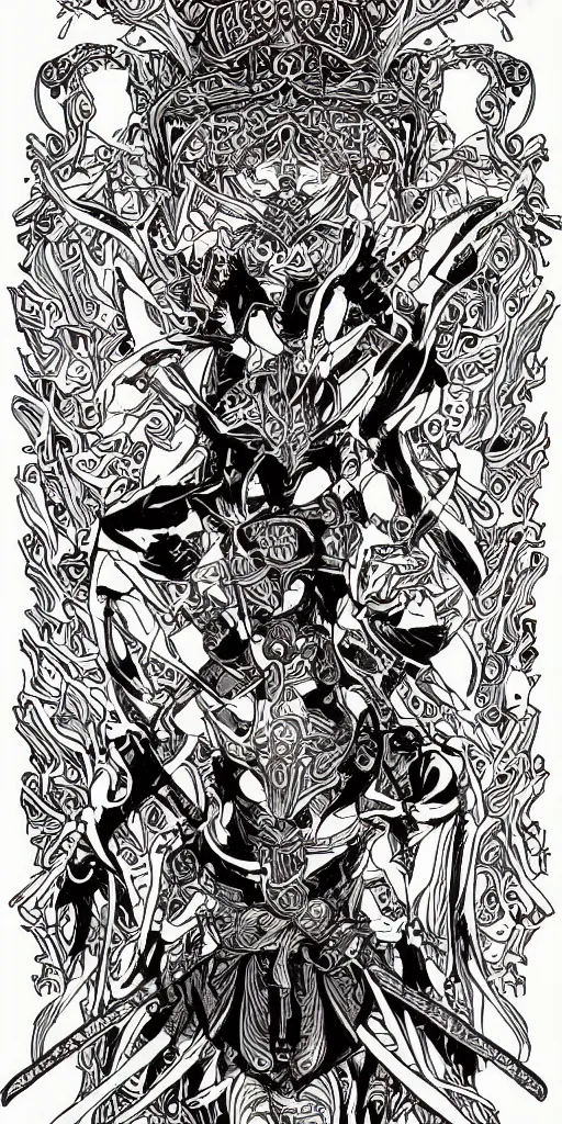 Image similar to a ninja from final fantasy 14, intricate, amazing line work, cosmic, psychedelic, cheerful, colorful, tarot cards,