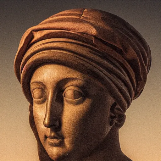 Prompt: a neon circle as a hat on a renaissance statue head, black background, ray tracing, 8 k resolution, sharp focus, hyper detailed, hyper realistic