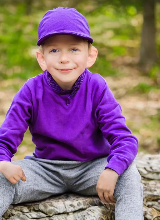 Prompt: portrait photo still of real life young craig tucker wearing a purple hat and purple clothes, 8 k, 8 5 mm, f. 1 4