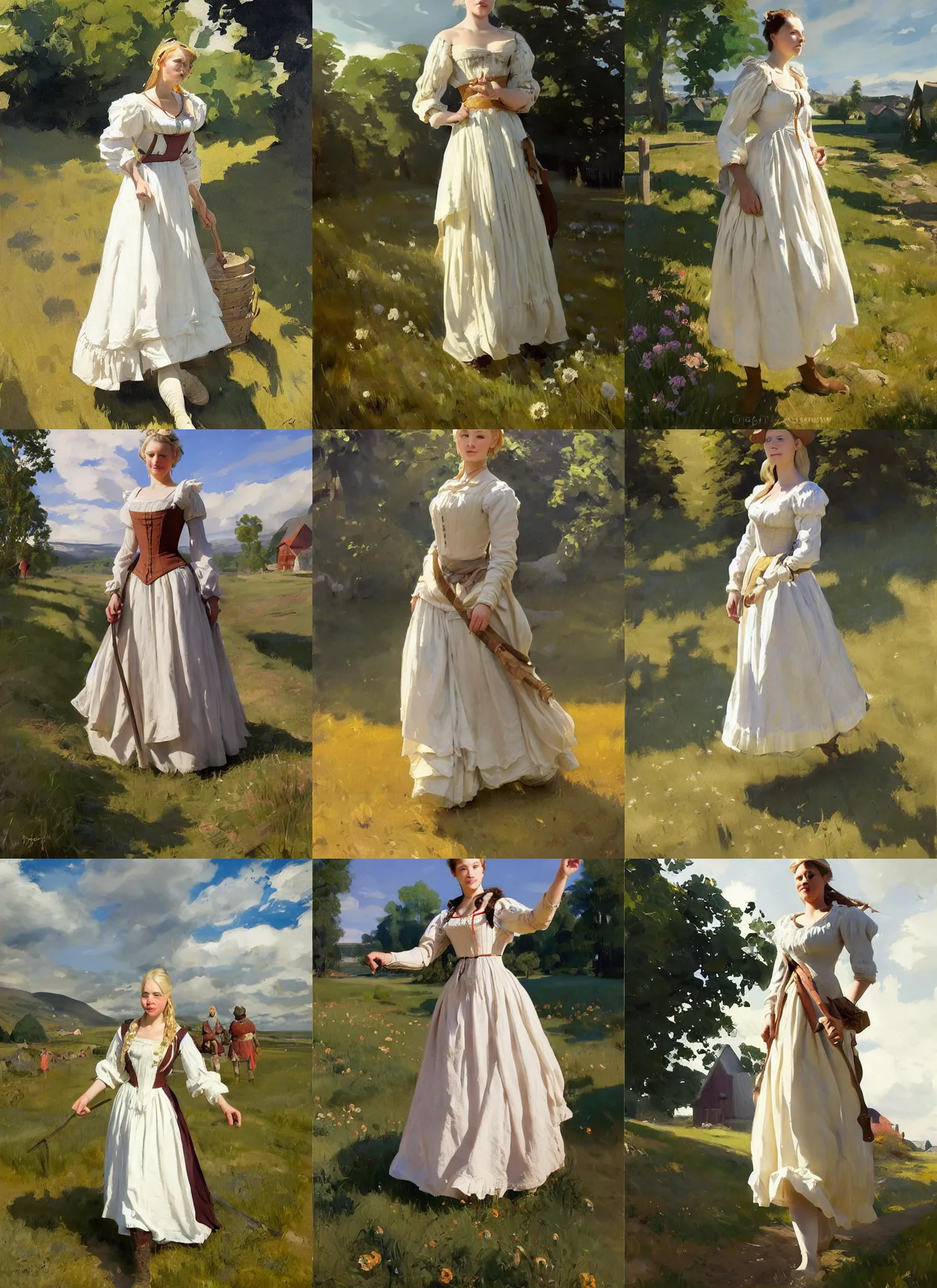 Prompt: finnish norway scandinavian attractive village maiden wearing 1 7 th century bodice walking in the field in a sunny day, jodhpurs greg manchess painting by sargent and leyendecker, studio ghibli, fantasy, medium shot, asymmetrical, intricate, elegant, matte painting, illustration, hearthstone, by greg rutkowski, by greg tocchini, by james gilleard