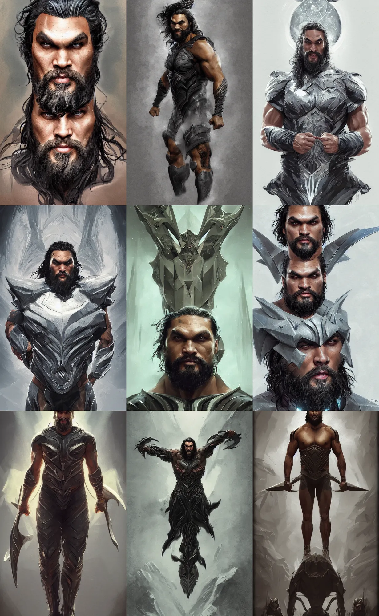 Prompt: jason momoa, symmetrical front view, full shot, full body, digital painting, artstation, concept art, sharp focus, illustration, art by aleksi briclot and greg rutkowski and raphael lacoste