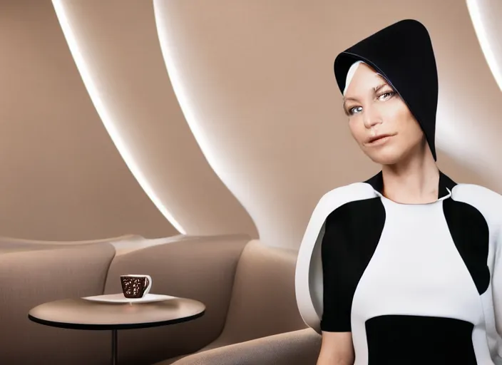 Prompt: young adult woman in a coffee shop wearing an avant garde outfit designed by zaha hadid, studio lighting, 5 0 mm