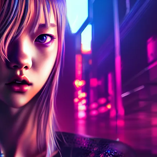 Image similar to beautiful digital painting of lalisa cyberpunk background with high detail, 8 k, stunning detail, neon lights, photo by wlop, artgerm and greg rutkowski and alphonse mucha, unreal engine 5, 4 k uhd