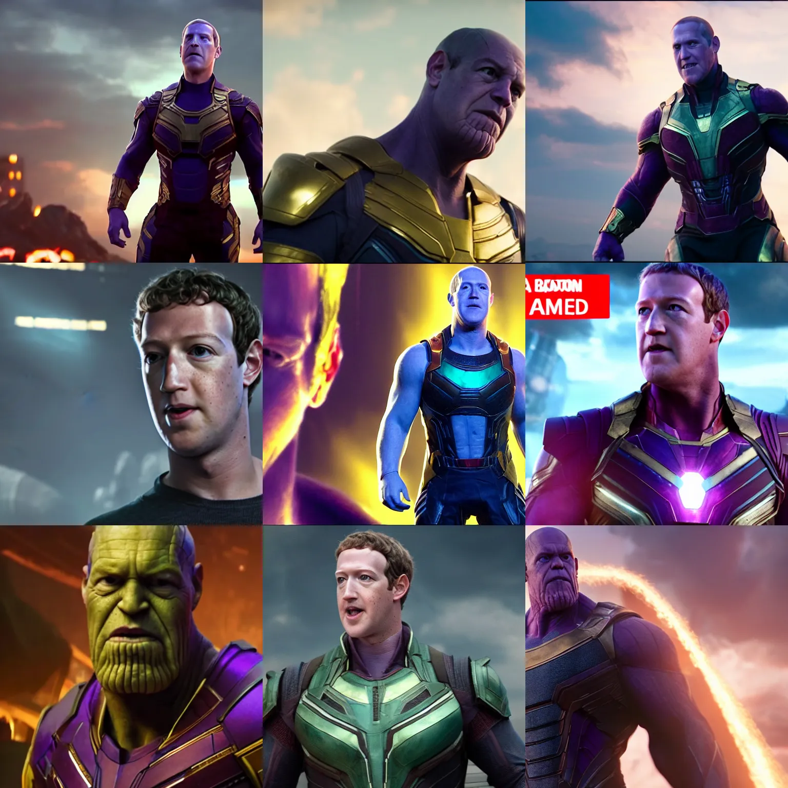 Prompt: a screenshot of mark zuckerberg as thanos in the avengers. 4 k