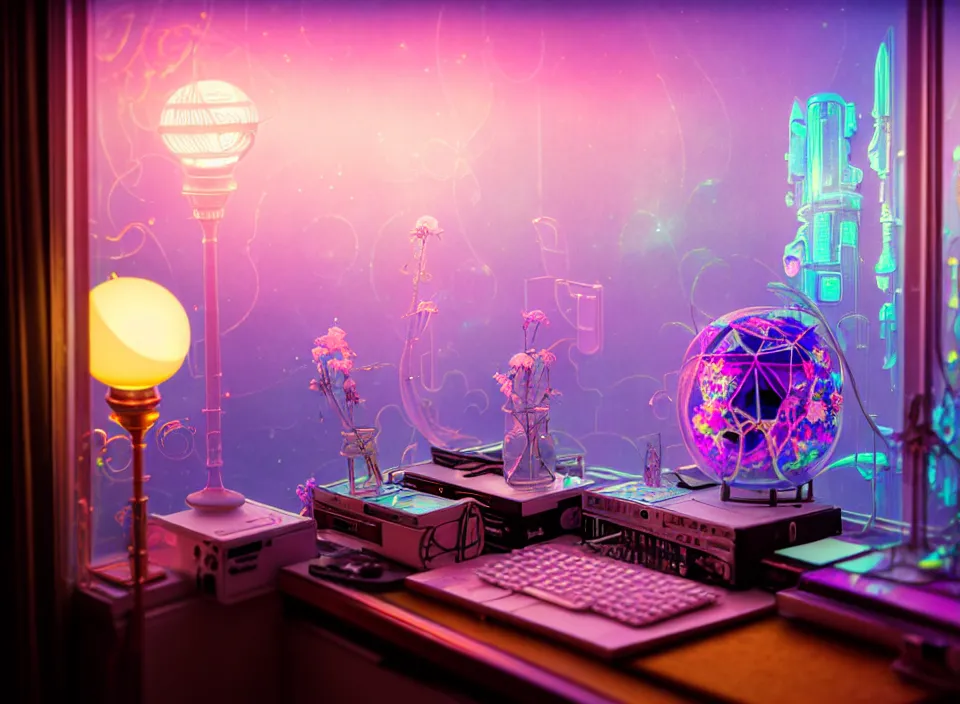 Prompt: telephoto 7 0 mm f / 2. 8 iso 2 0 0 photograph depicting the experience of dreamstate in a cosy cluttered french sci - fi ( art nouveau ) cyberpunk apartment in a pastel dreamstate art cinema style. ( iridescent terrarium, computer screens, window, leds, lamp, ( ( ( bed ) ) ) ), ambient light.