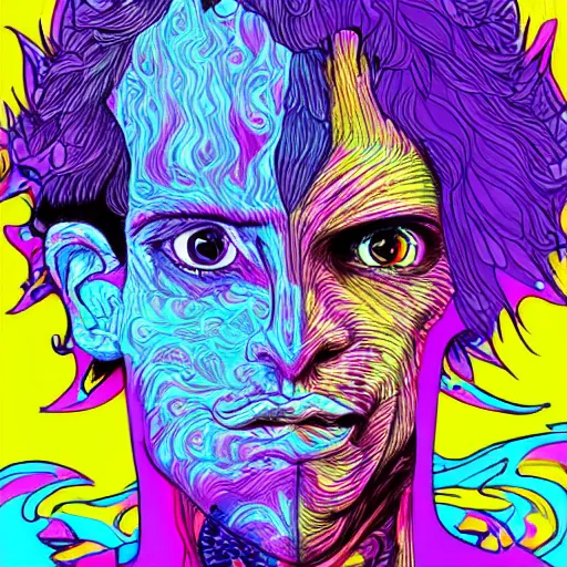 Image similar to a psychedelic young godlike humanoid, hyper detailed, in the style of rutkowski and junji ito and bob ross and lisa frank, selfie