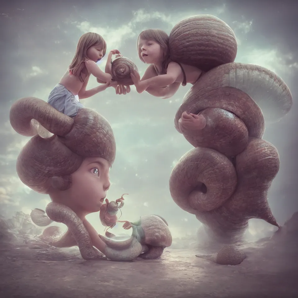 Image similar to a little girl hugging a giant snail, photo, realistic, artstation , beautiful, octane render