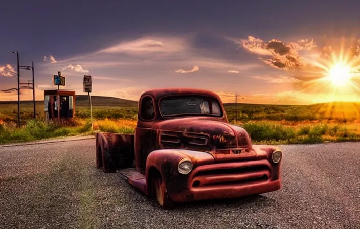 Prompt: A beautiful colorful evening scene of route66, old road with abandoned gas station and rusty old pickup truck, hyper realistic, blinding backlight evening sun, sparkling sun rays, epic scene, intense setting, evening vibe