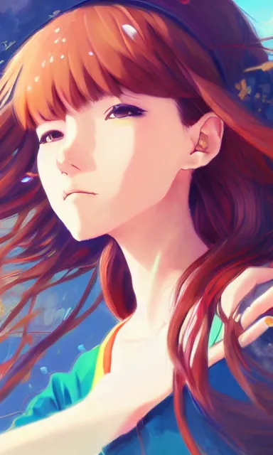Image similar to a colorful scene of a girl with brown hair, anime, detailed background, female, portrait, tranquil, trending on artstation, by studio ghibli and rossdraws