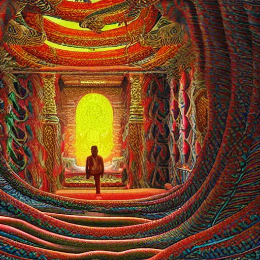 Image similar to Photorealistic man inside a temple made of snakes. Hyperdetailed photorealism, 108 megapixels, amazing depth, glowing rich colors, powerful imagery, psychedelic Overtones