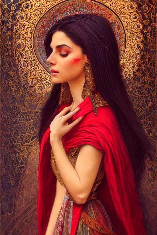 Image similar to Beautiful portrait of a Persian Princess who is an architect, beautiful princess, face painting, architecture, persian style architecture, dramatic lighting, intricate, wild, highly detailed, digital painting, artstation, concept art, smooth, sharp focus, illustration, black+velvet+red, art by artgerm and greg rutkowski and alphonse mucha, footage from space camera