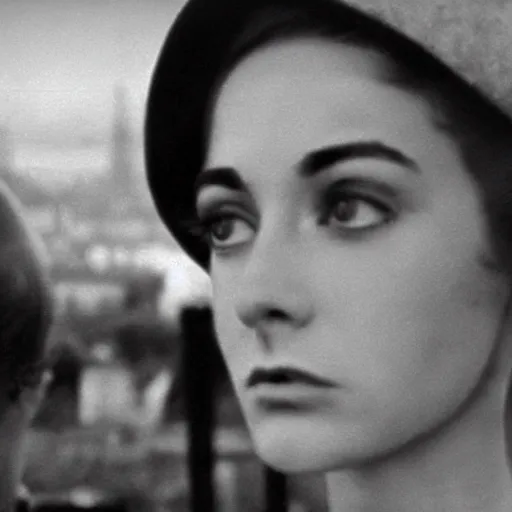 Image similar to still from a masterpiece 1 9 6 0 s french art film, very beautiful and elegant girl in beret with large eyebrows with an angry expression while talking to a man, moody lighting, viewed from afar, cinematic shot, the movie is in color