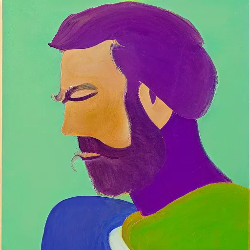 Prompt: bearded profile of a beautiful man, broad brush, detailed, purple, white, green colour scheme oil on canvas, by joshua miels, niele toroni, willem de kooning, giorgio griffa,