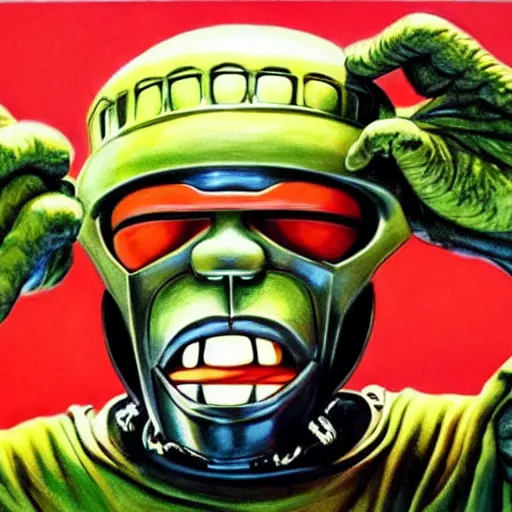 Prompt: beautiful lifelike painting of mf doom is monster zero, hyperreal detailed facial features and uv lighting, art by ed roth and basil wolverton