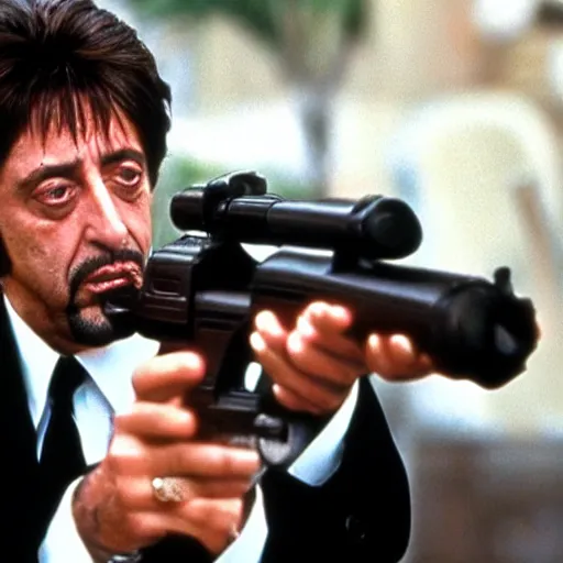 Prompt: Realistic photo of Al Pacino in Scarface, holding a Super Soaker