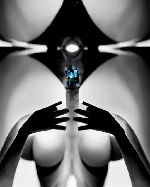 Prompt: black and white high quality photo of a beautiful female AI vegetal-cyborg looking into a sci-fi mirror, volumetric lighting, liminal space, brutalism, foggy, dreamy, hyperdetailed, bokeh, photorealistic, cinematic, masterpiece, Metropolis, Fritz Lang, elegant, dark, by Man Ray in the style of Horst P. Horst, octane render, 8K,