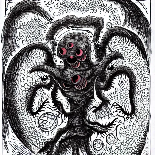 Image similar to a monster with two sharp heads that look sternly at each other, it has several eyes and scales on the misshapen body, psychedelic cosmic horror