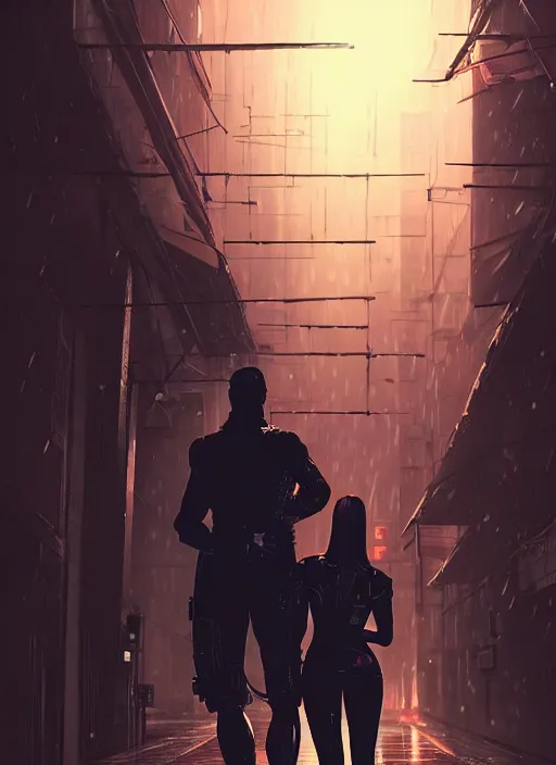 Prompt: cyberpunk warrior couple , raining, in an alley at night back lit, by webang111 and Maciej Kuciara and Ilya Kuvshinov, trending on artstation