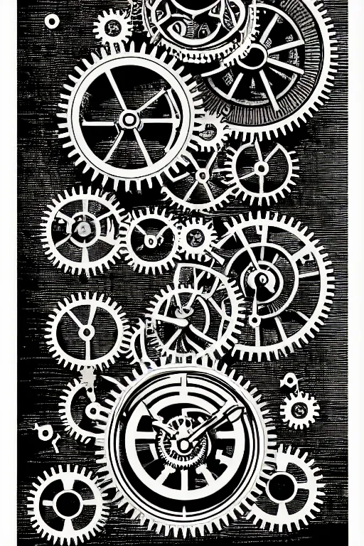 Prompt: steampunk gears, and eternal clock without numbers, dark and gothic, full frame,, art by james o barr and albrecht durer and piranesi, surreal woodblock print, black and white, vector, vector art