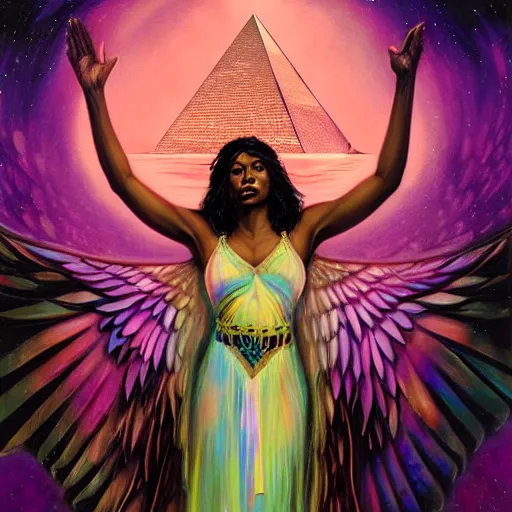 Prompt: isis depicted as a black woman with large iridescent wings in front of a crystal pyramid by Aliza Razell, greg rutkowski, and thomas blackshear, oil on canvas