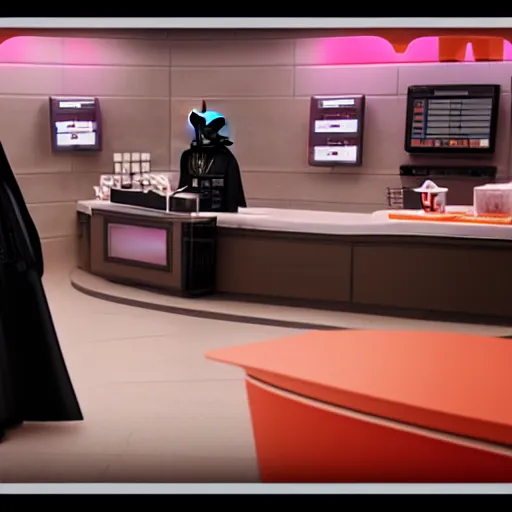 Image similar to darth vador working at dunkin donuts , 8k cinematic lighting, very sharp detail, anatomically correct