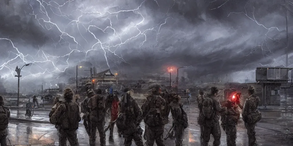 Image similar to private military company operatives standing outside immigration check point with severe weather storms behind, cinematic, realistic, detailed, intricate, digital art, ambient lightning, by jordan grimmer, industrial art style, 3 5 mm film grain, artstation