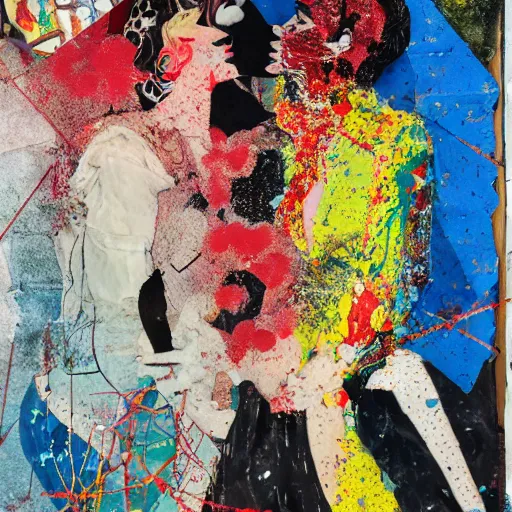 Image similar to two women kissing at a carnival in your nightmares, mixed media collage, retro, paper collage, magazine collage, acrylic paint splatters, bauhaus, claymation, layered paper art, sapphic visual poetry expressing the utmost of desires by jackson pollock
