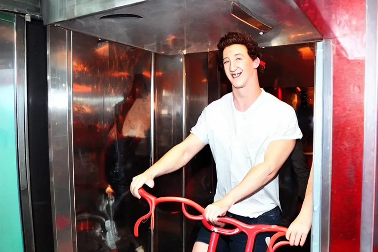 Image similar to miles teller in a bangkok elevator hula hopping while eating stawberries on a bike