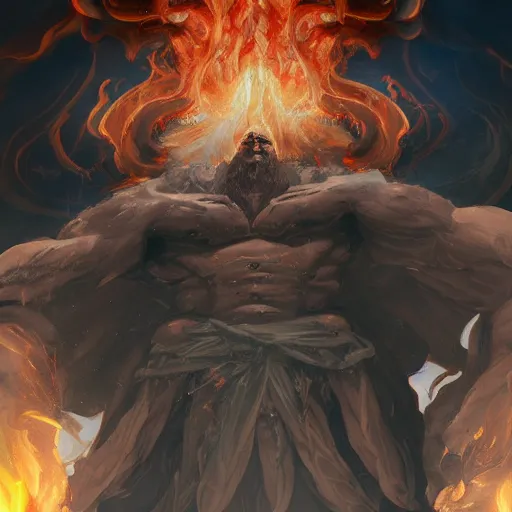 Prompt: a man kneeling before a gigantic god - like figure wrapped in smoke and flames. low - angle. artstation. digital art.